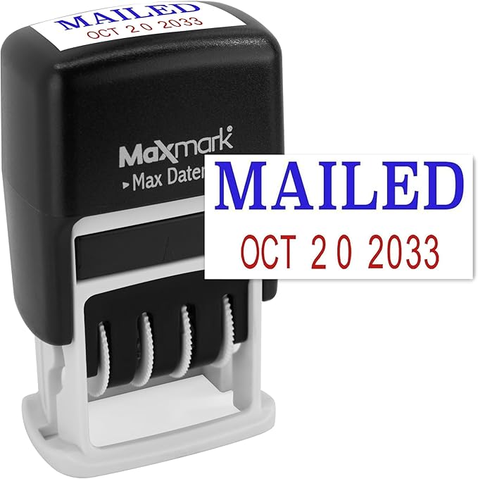MaxMark Self-Inking Rubber Date Office Stamp with MAILED Phrase Blue Ink & Date RED Ink (Max Dater II), 12-Year Band
