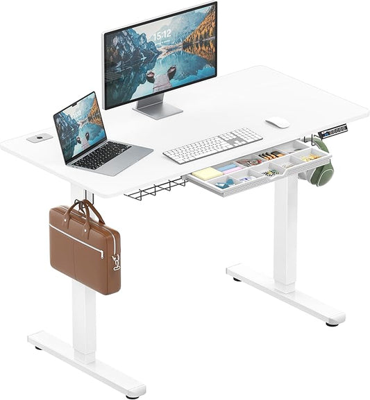 SHW 48-Inch Electric Height Adjustable Standing Desk with Drawer, Memory Preset and Cable Management Tray, White