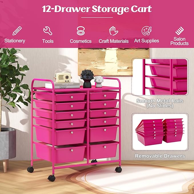 Happygrill 12-Drawer Rolling Storage Cart, Multipurpose Storage Cart W/Lockable Wheels, 2 Sizes Plastic Drawers & Metal Shelf, Mobile Utility Cart for Home Office School (Hot Pink)