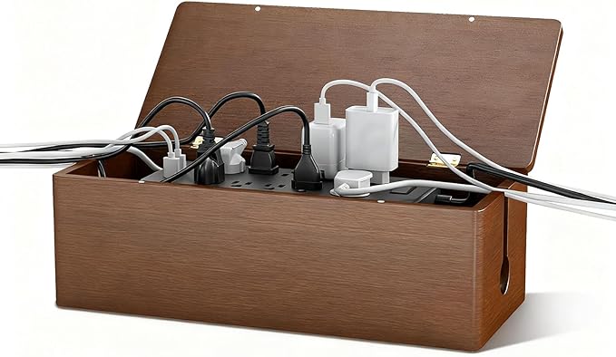 Delamu Wood Cable Management Box with Magnetic Lid, Duty Desk Charging Cord Organizer Cord Box Hider with Ventilation for Desk, Floor, Home Office, Power Strip Cover Box Baby Proof