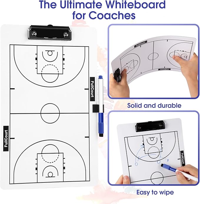 Double-Sided Basketball Coaching Clipboard & Dry Erase Whiteboard for Coaches | Built-in Marker Holder & Sturdy Pro Markers | Portable Durable Tactical Board for Court Training