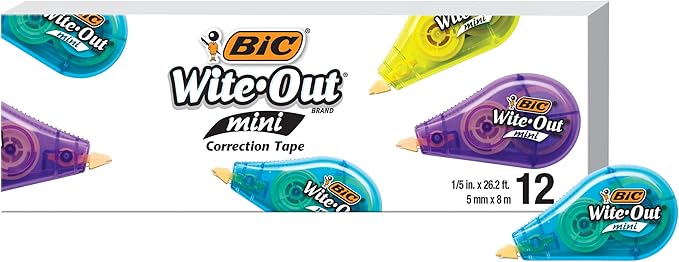 BIC Wite-Out Brand Mini Correction Tape, 16.4 Feet, 12-Count Pack of White Correction Tape, Compact Tape Office or School Supplies