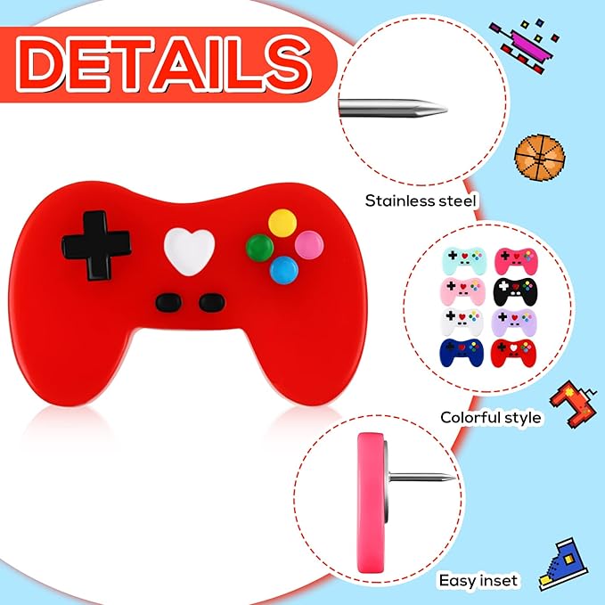 24 Pcs Fun Push Pins for Cork Board Video Game Cork Board Tacks Cute Fun Push Pins for Corkboard Bulletin Wall Office Colorful Thumb Tacks Decorative Thumbtacks with Storage Box, 8 Colors