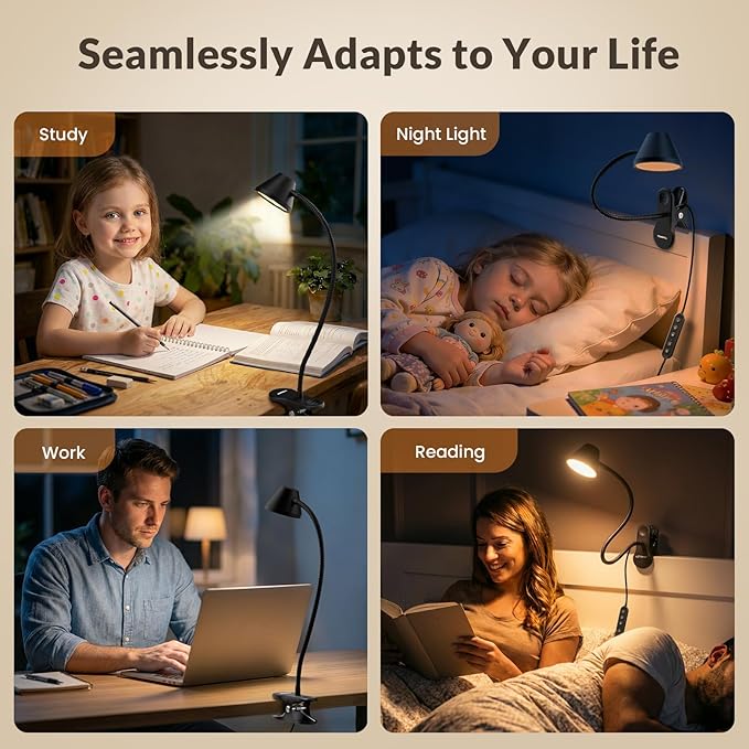 LEPOWER Clip on Light, Reading Lights for Books in Bed with 5 Colors & Stepless Dimming, RG0 Eye-Care, Auto Timer & Night Light, Strong Clamp for Headboard, Bedside, Desk, Black