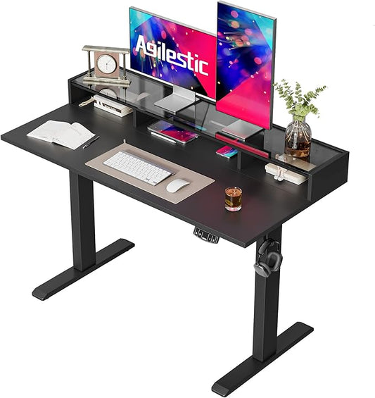 Agilestic Glass Standing Desk with Storage, 48 Inch Electric Adjustable Desk with Glass Shelf, Sit Stand Up Home Office Computer Table, Splice Board, Black