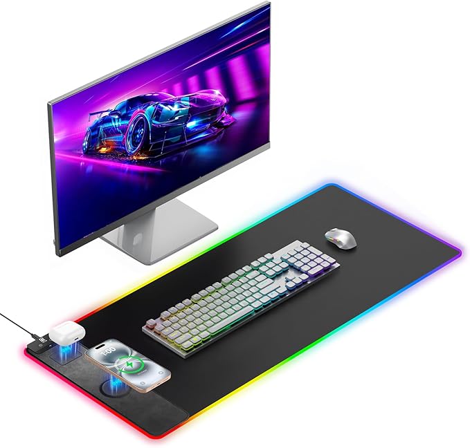 Miroddi RGB Mouse Pad with Wireless Charging Gaming Mousepad, 31.5"x15.75" Extra Large Desk Mat, 13 Light Modes, Non-Slip Rubber Base Ultra-Smooth Surface Keyboard Mat for PC, MacBook, Laptop