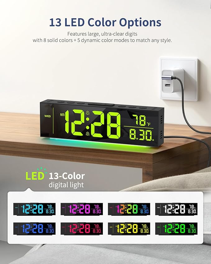 Digital Clock, Alarm Clock for Bedroom, Digital Wall Clocks for Classroom, Living Room Decor, Desk Clock Large Display, 13 Number Display Colors, 12 Ambient Light Colors, Auto Dimming, DST (Black)