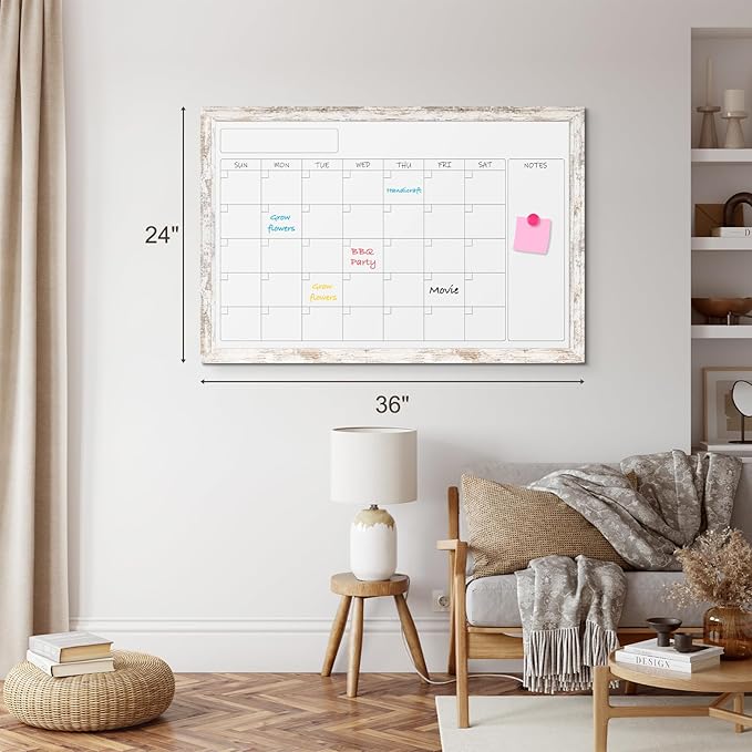 Monthly Dry Erase Calendar Whiteboard for Wall, 36" x 24" Magnetic White Board Calendar Board - Rustic Vintage Wooden Frame