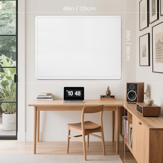 Large Bulletin Board - 48 x 36 Inches, Decorative Felt Pin Board for Wall - 4' x 3' Foldable Photo Display Board with Self-Adhesive Tape, Includes 20 Push Pins - White