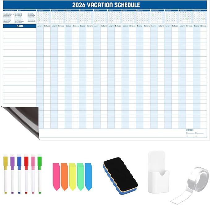 Lincia Large Magnetic 2026 Full Yearly Vacation Board Schedule Dry Erase Wall Planner Calendar Reusable Project Office Whiteboard 24" x 36" Vacation Calendar for Management, Planning, Organizing