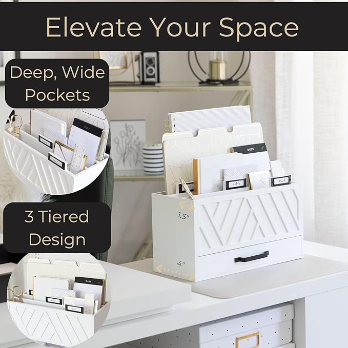 BLU MONACO White Desktop Mail Organizer with Drawer | Three-Tier Wooden Mail Holder with Gold Label Holders | Countertop Document and Bill Organizer for Home or Office