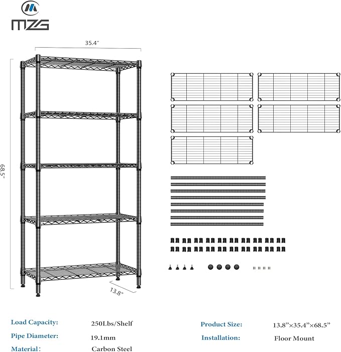 M MZG 1250 lbs 5 Tier Shelf Metal Storage Shelves Shelving Wire Rack Heavy Duty Closet Organizers for Garage Kitchen Bathroom Laundry Black 13.8" D x 35.4" W x 68.5" H