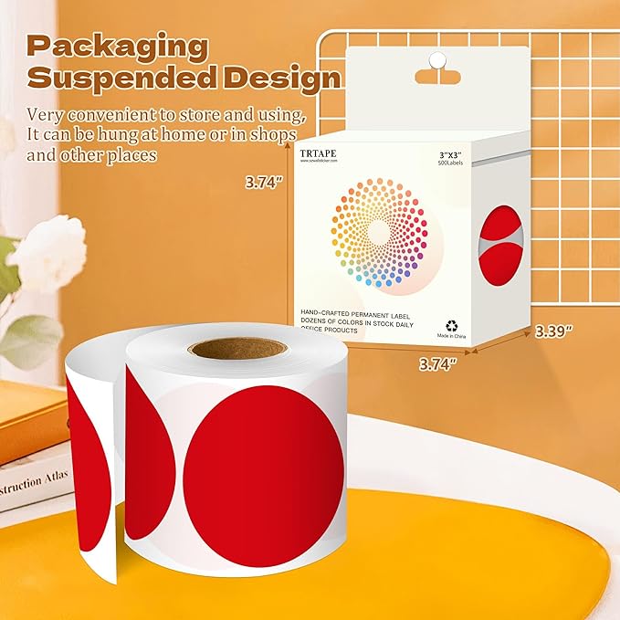 3 Inch Round Color Coding Labels (500 per Roll) - Colored Dot Stickers Round Labels for Inventory, Warehouse, Office Organizing - Red Circle Stickers