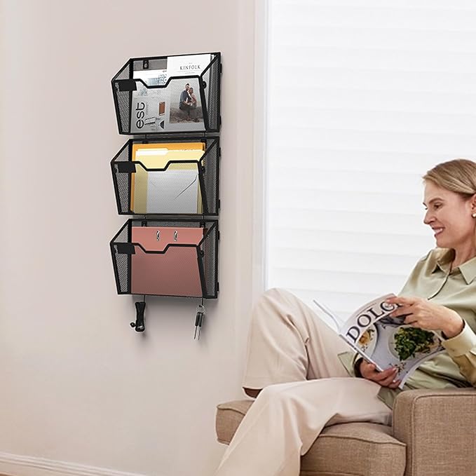 YINGHUA 6 Pack Mesh File Holders Wall Mounted - Durable Metal Hanging Organizer with Hooks - 12.6 Inch Vertical Wall Baskets for Mail Papers Office Home and School Storage - Black