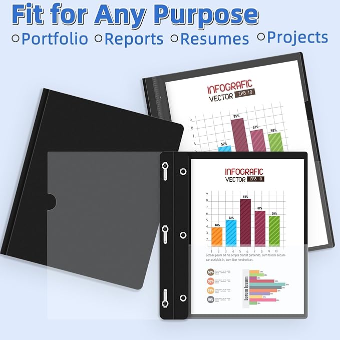 HAUTOCO 5 Pack Plastic Report Covers with 3 Prongs Fasteners Clear Front Resume Portfolio Folder for 8.5x11 Letter Size Paper, Presentation Document Report Cover for School Office Business, Black