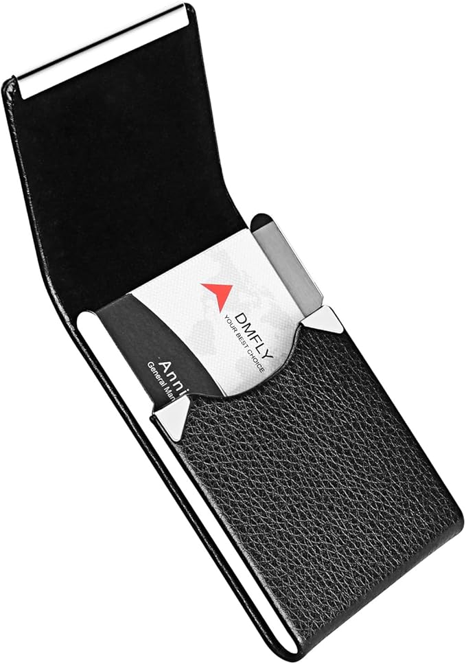 DMFLY Business Card Holder with Ultra Slim Design, Business Card Case with Premium PU Leather, Suit Pocket Metal Card Holder for Women/Men, Magnetic Closure Quick Access Cards, Small and Easy to Carry