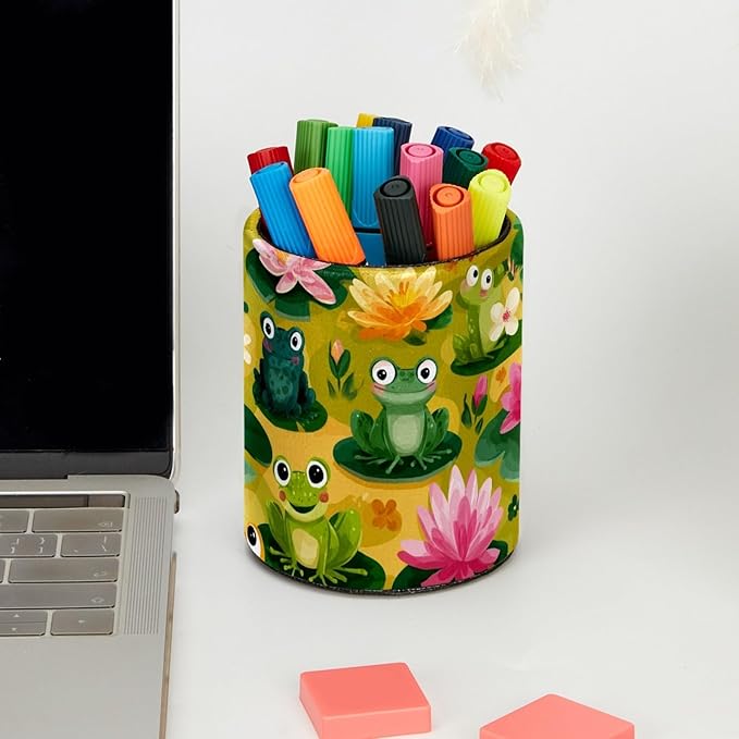 Leather Pen Holder for Desk Funny Frogs Pencil Cup Desktop Organizer Makeup Brush Holders Office Supplies for Home, Kids & School