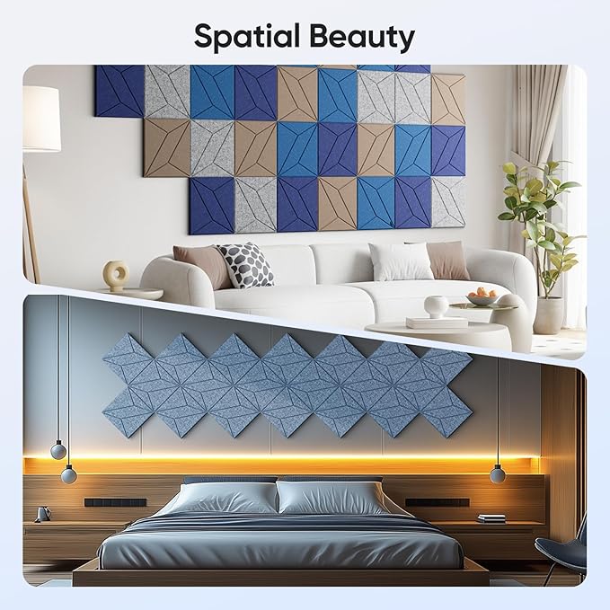 UNECHO 12 Pack 12" X 12" X 0.4" Acoustic Panels for Wall Sound Absorbing, P-Stripes Square Self-Adhesive Sound Panels, High Density Suitable for Multiple Scenarios(Light Sky Blue)