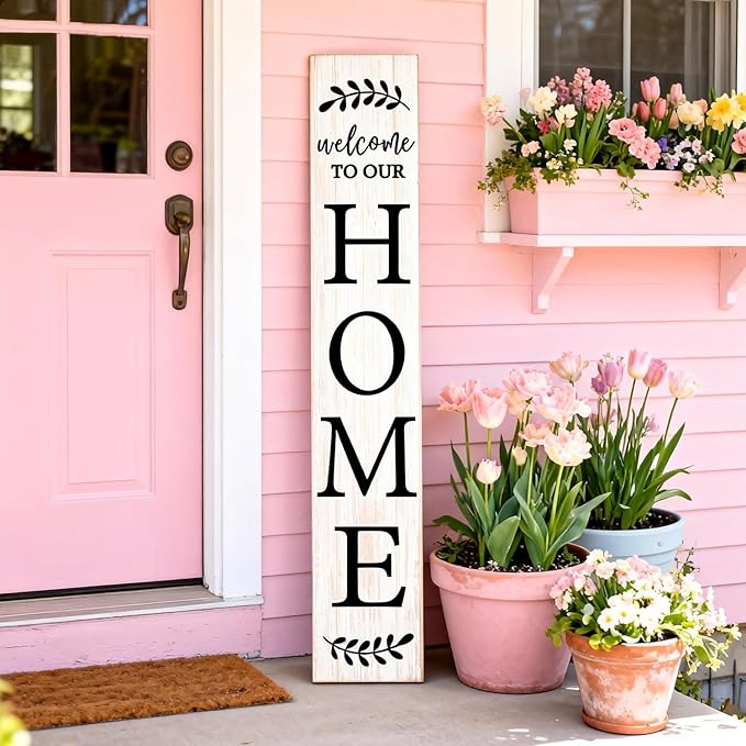 Welcome Sign for Front Porch, 47" Large Wooden Welcome to Our Home Sign Door Hanging Standing Plaque, Farmhouse Vertical Outdoor Porch Decorations for Yard Patio Entrance (White)