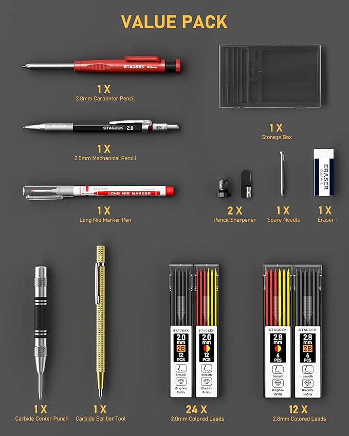 STAGEEK 14 Pack Carpenter Pencil Set with Sharpener, Mechanical Carpenter Pencils with 60 Refills, Deep Hole Long-Nib Marker Pens, Carbide Scribe Tool & Construction Pencils for Architect with Case