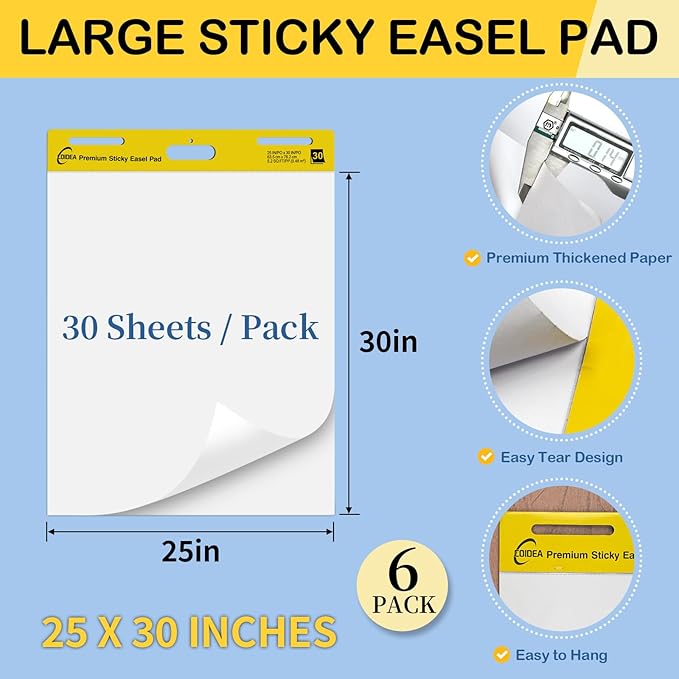 COIDEA Sticky Easel Pad, 25 in x 30 in, Large Sticky Notes for Wall, Super Sticky Easel Paper, Self Stick Flip Chart Paper for Teachers and Office, White, 30 Sheets/Pad, 6 Pad Total