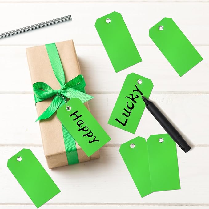 100 Green Tags with Wires - Waterproof, Writable, Neon - 4 3/4" x 2 3/8" Heavy Duty Shipping Tags for Luggage, Parts, Machines