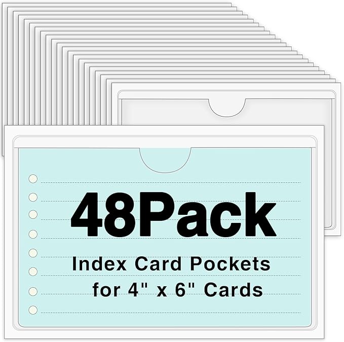 48 Pack 4" x 6" Index Card Holder Adhesive Plastic Label Holders Clear Tote Bag Labels Stickers for Organizing Storage Bins Library Card Shelves