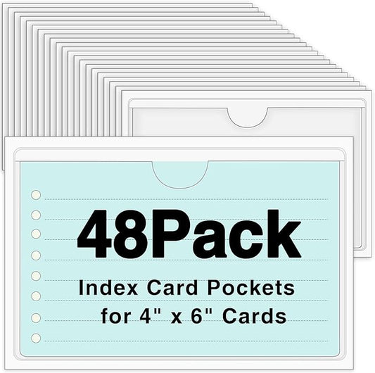 48 Pack 4" x 6" Index Card Holder Adhesive Plastic Label Holders Clear Tote Bag Labels Stickers for Organizing Storage Bins Library Card Shelves
