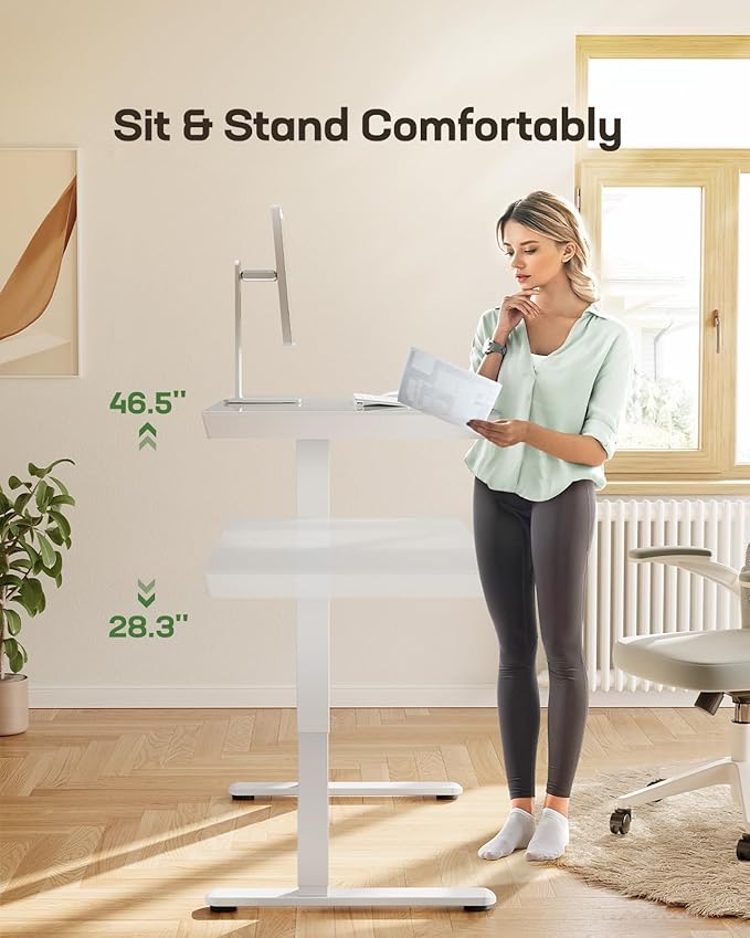 Marsail Glass Standing Desk with Drawer,55 x 28 inch Electric Standing Desk, Sit Stand Desk with One-Piece Tabletop & USB Charging Ports, Height Adjustable Desk with Storage for Home & Office White