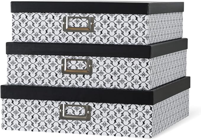 Soul & Lane Black and White Decorative Storage Boxes with Lids for Organizing, Set of 3 Jumbo Scrapbook Storage Boxes for Documents, Keepsakes, Memories, Modern Trellis