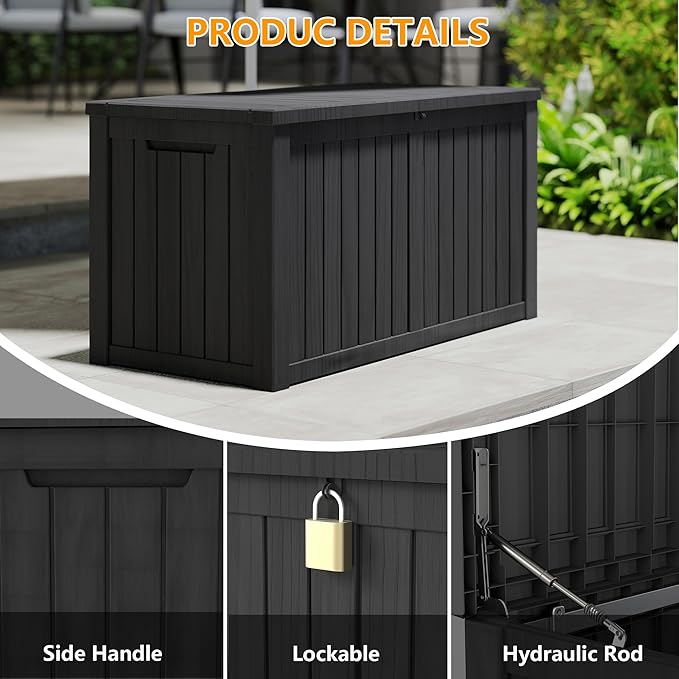 Yardgrace 200 Gallon Outdoor Storage Box Waterproof, Resin Deck Boxes with Lockable Lid & UV-Resistant for Patio, Pool, Garden Furniture Cushions & Accessories, Black