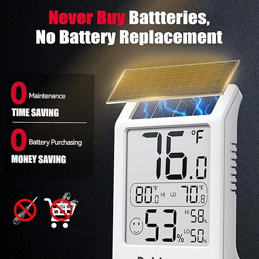 BaldrTherm Room Thermometer Indoor Humidity Meter, Solar-Powered 3.2'' Digital Temperature Sensor Monitor with Max/Min Reading, Comfort Indicator for Baby Room, Home, Office, White, 3Pack