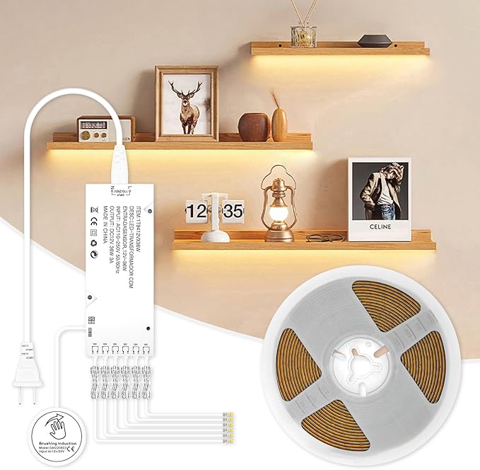 CUBITOR Under Cabinet COB Led Light Strip kit,16.4ft/5m Cuttable 3000K,Diffused Power with 6 Output Ports,Touch Switch&Dimmer Strip for Gun Safe Case,Book Shelf,Floating Shelf,Wall Panel,Home Decor
