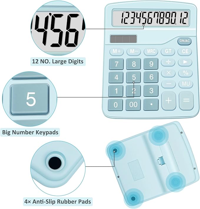 Calculators, Splaks 2 Pack Standard Functional Desktop Calculators Sola and AA Battery Dual Power Electronic Basic Calculator with 12-Digit Large Display for Office, Home, School (1 Blue & 1 Pink)