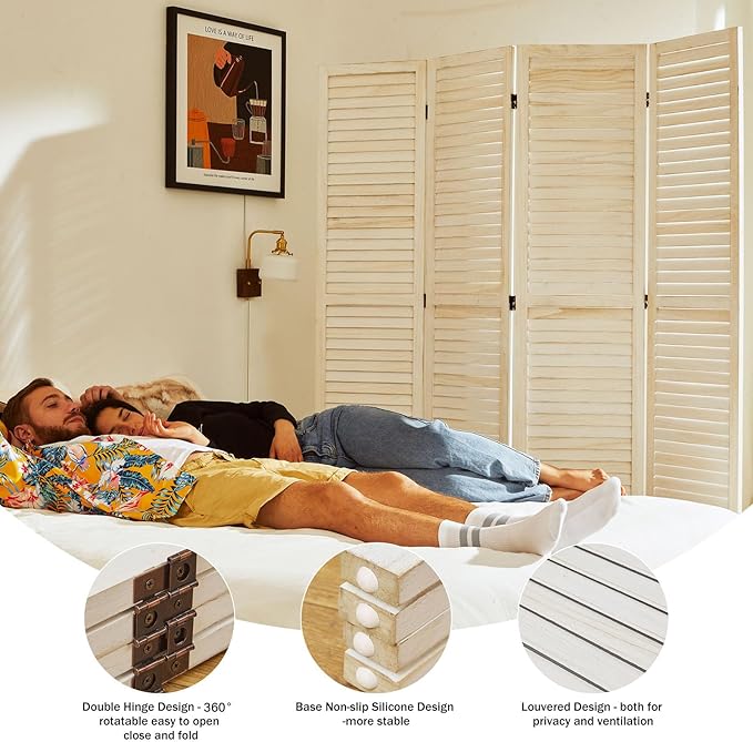 Room Dividers and Folding Privacy Screens, Wood Louvered Separators Divider Wall for Home Office Bedroom - 4 Panels, 67 * 60inch (White-Washed)