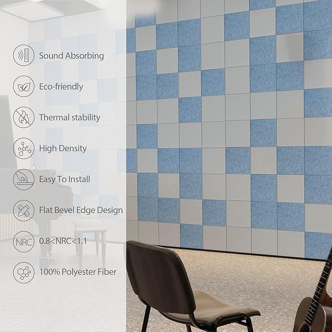 Amantech 12 Pack Acoustic Panels Self Adhesive Sound Proof Foam, High Density Sound Acoustic Panel, 12X12X0.4 Inch Square Panels in Home, Office, Reccording Room, Studio,and more(Blue Gray)