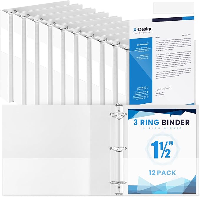 Henoyso 12 Pcs 3 Ring 1.5 Inch Binders Fits 8.5 x 11 Inch Letter Size Paper, Plastic White Flexible Binders with View Cover and 2 Pockets, 275 Sheets Capacity for Office School