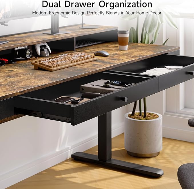 ONBRILL Standing Desk with Drawers, 55x23.6 Electric Stand Up Desk with Storage Shelf and Memory Controller, Sit Stand Desk Adjustable Height from 28-46" for Computer Workstation, Rustic Brown