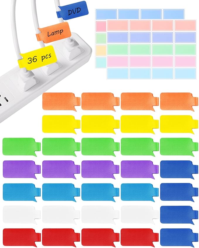 SummerBrite 36-Pack Large Cable Labels with 40 Write-On Stickers, Reusable 8-Color Wire Tags for Electronics, Cord ID & Cable Management for Home Office, PC Network - Rectangle