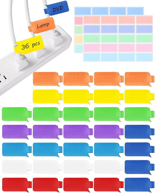 SummerBrite 36-Pack Large Cable Labels with 40 Write-On Stickers, Reusable 8-Color Wire Tags for Electronics, Cord ID & Cable Management for Home Office, PC Network - Rectangle