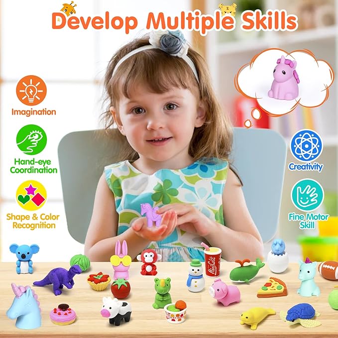 Moosia 60 Pack Animal Pencil Erasers for Kids, 3D Mini Puzzle Take Apart Erasers, Desk Pets & Treasure Box Toys, Bulk Party Favors, Classroom Prizes, School Supplies, Gift for Boys & Girls