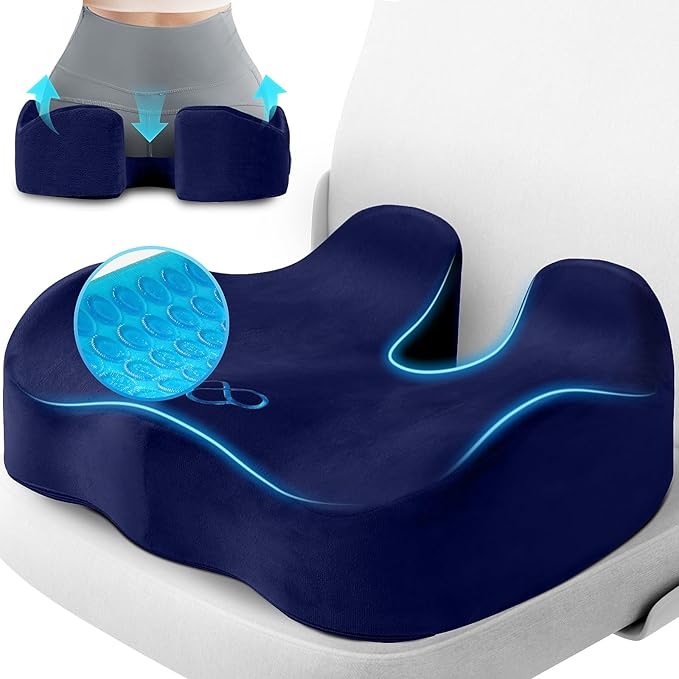 CushyOasis Seat Cushion, Gel Chair Cushions, Office Chair Cushions, Anti-Slip Bottom & Removable Cover Tailbone Pain Relief Cushion, Memory Foam Seat Cushion for Office, Wheelchair, Car (Blue)