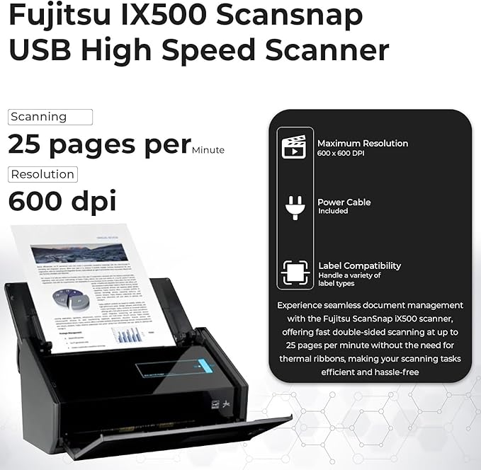IX500 Scansnap Receipt Scanner - 1 Year Warranty, USB High Speed Cloud Enabled Document & Photo Scanner for Mac & PC - ADF with Duplex Scanning w/ 16V, USB 3.0 Cable, Cloth (Renewed)