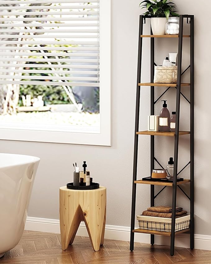 Hzuaneri Ladder Shelf, Bookshelf Bookcase, Freestanding Corner Storage Shelve with 2 Hooks for Home Office, Living Room, Kitchen, Bedroom, Industrial, 11.8" D x 13.4" W x 63" H, Rustic Brown BC03201B