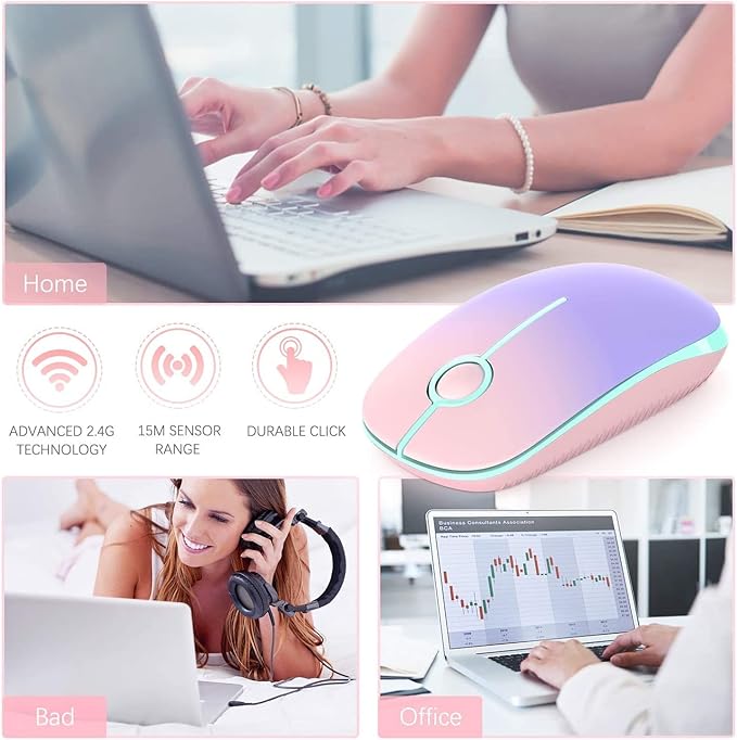 VssoPlor Wireless Mouse, 2.4G Slim Portable Computer Mice with Nano Receiver Quiet Silent Optical Laptop Mouse for Notebook, PC, Laptop, Computer-Pink to Purple