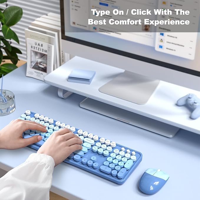 MOFII Wireless Keyboard and Mouse Combo, Full Size 2.4G Plug and Play Typewriter Retro Round Computer Keyboard and Mouse Set for Windows, Computer, Desktop, PC, Notebook - (Blue Gradient)