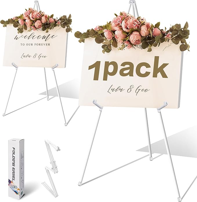 VAIIGO 63" White Easel Stand for Wedding Sign Poster Display Easel Folding Art Easel for Floor Adjustable Metal Easel Instant Tripod Easel for Display Painting Wedding Shower Sign Easel, 1Pack