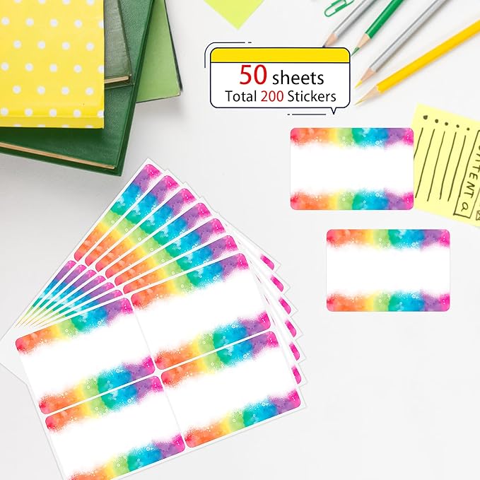 Wonmon 200 PCS Rainbow Name Tags Stickers, Self Adhesive Watercolor Rainbow Name Tag Labels Stickers for Back to School Classroom Student Office Desk Cubby Locker Themed Party, 2x3 inch