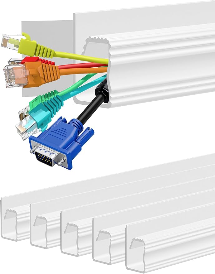 Under Desk Cable Management - Adhesive Cable Organizer for Home & Office, No-Drill Cord Management System, J Channel Cable Raceway for Desk, 6 Pack, White