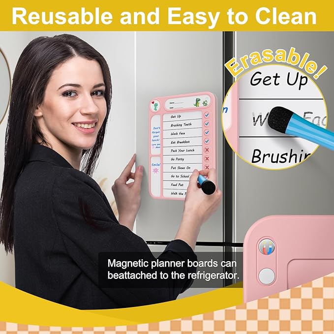 2-Pack Magnetic Chore Chart for Kids, ADHD Task Tracker Easy-Check Routine Dry Erase Board, to-Do List Planning Tool with Stand for Fridge/Desk/Home/School, 6 Reusable Sheets, 4 Markers Pink
